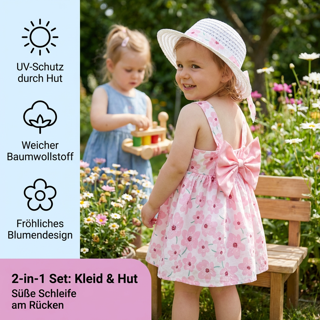 2in1 Koreanisches Trägerkleid für Mädchen mit Schleife im Blumen Design und Hut