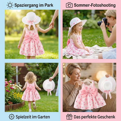 2in1 Koreanisches Trägerkleid für Mädchen mit Schleife im Blumen Design und Hut
