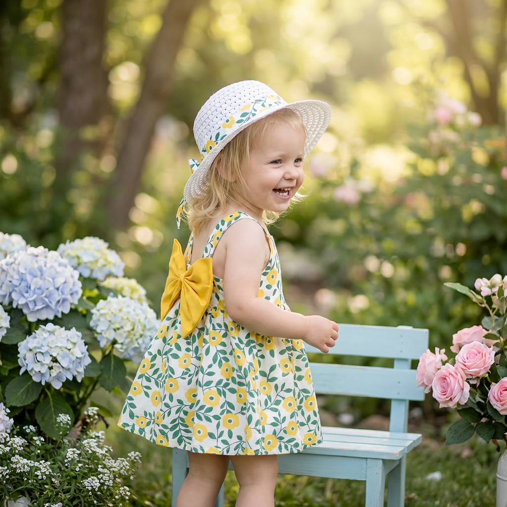 2in1 Koreanisches Trägerkleid für Mädchen mit Schleife im Blumen Design und Hut