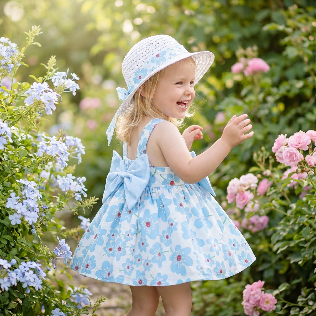 2in1 Koreanisches Trägerkleid für Mädchen mit Schleife im Blumen Design und Hut