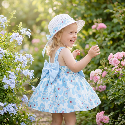 2in1 Koreanisches Trägerkleid für Mädchen mit Schleife im Blumen Design und Hut