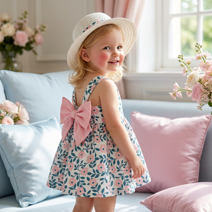 2in1 Koreanisches Trägerkleid für Mädchen mit Schleife im Blumen Design und Hut