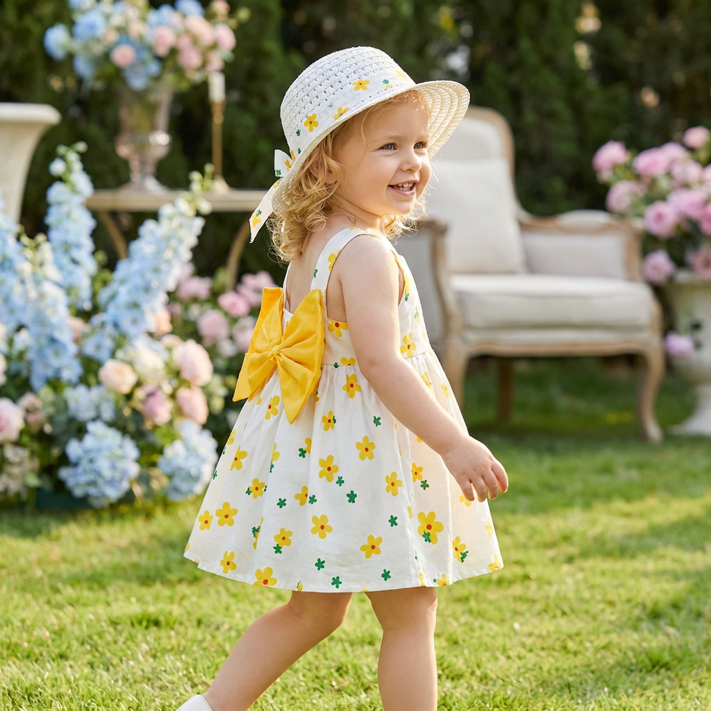 2in1 Koreanisches Trägerkleid für Mädchen mit Schleife im Blumen Design und Hut