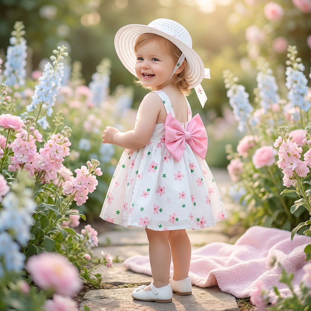 2in1 Koreanisches Trägerkleid für Mädchen mit Schleife im Blumen Design und Hut