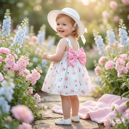 2in1 Koreanisches Trägerkleid für Mädchen mit Schleife im Blumen Design und Hut