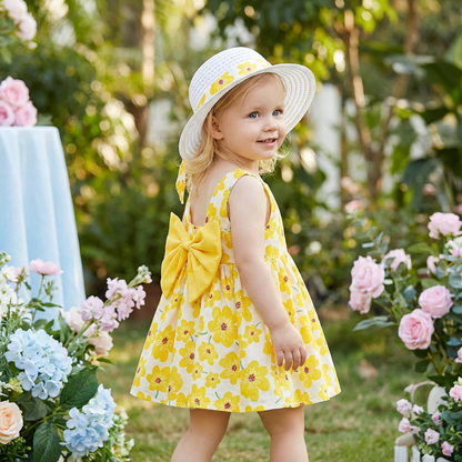2in1 Koreanisches Trägerkleid für Mädchen mit Schleife im Blumen Design und Hut