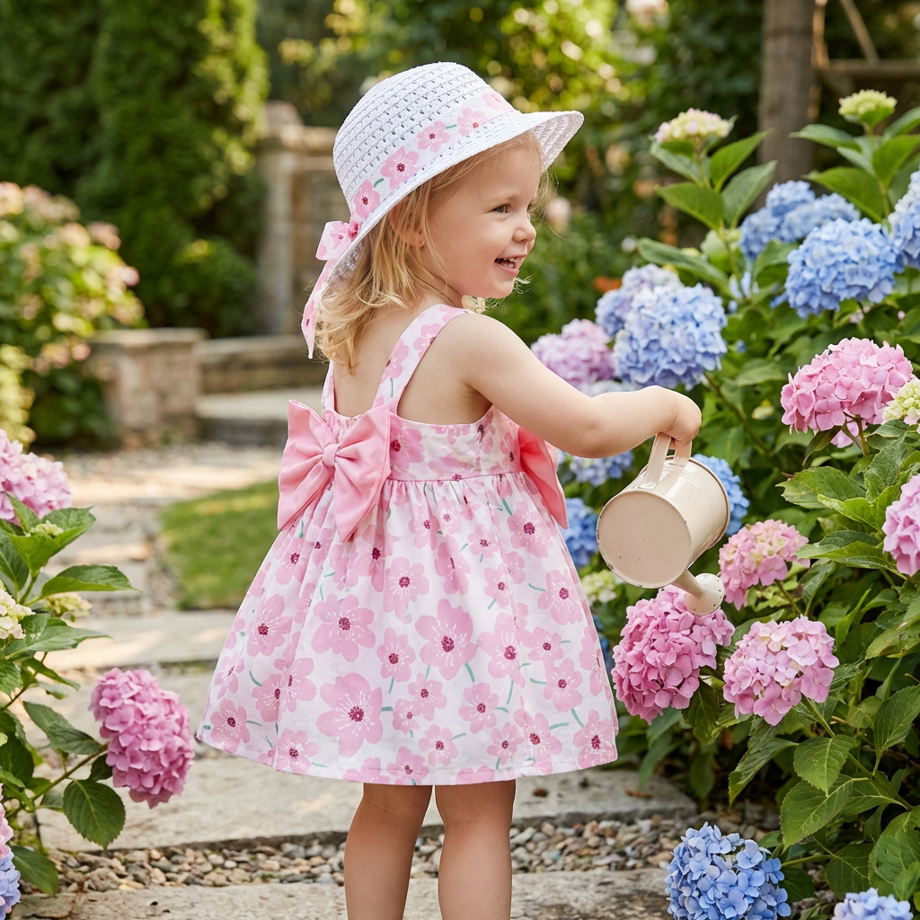 2in1 Koreanisches Trägerkleid für Mädchen mit Schleife im Blumen Design und Hut