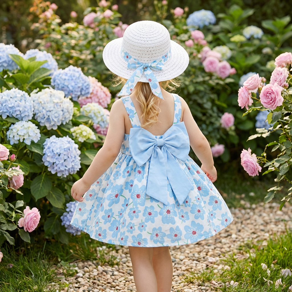 2in1 Koreanisches Trägerkleid für Mädchen mit Schleife im Blumen Design und Hut