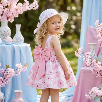 2in1 Koreanisches Trägerkleid für Mädchen mit Schleife im Blumen Design und Hut