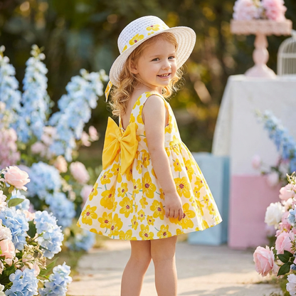 2in1 Koreanisches Trägerkleid für Mädchen mit Schleife im Blumen Design und Hut