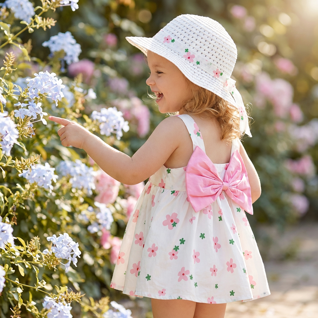 2in1 Koreanisches Trägerkleid für Mädchen mit Schleife im Blumen Design und Hut
