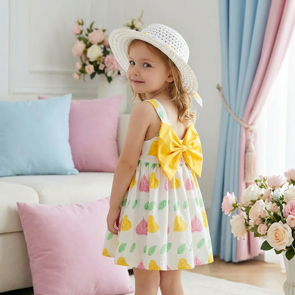 2in1 Koreanisches Trägerkleid für Mädchen mit Schleife im Blumen Design und Hut