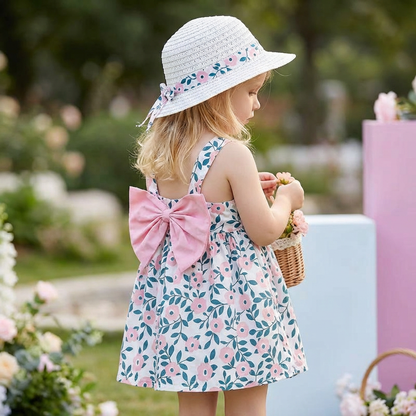 2in1 Koreanisches Trägerkleid für Mädchen mit Schleife im Blumen Design und Hut