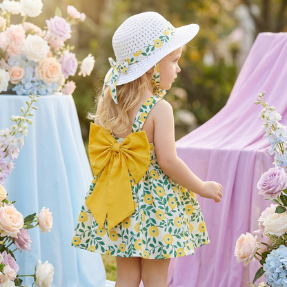 2in1 Koreanisches Trägerkleid für Mädchen mit Schleife im Blumen Design und Hut