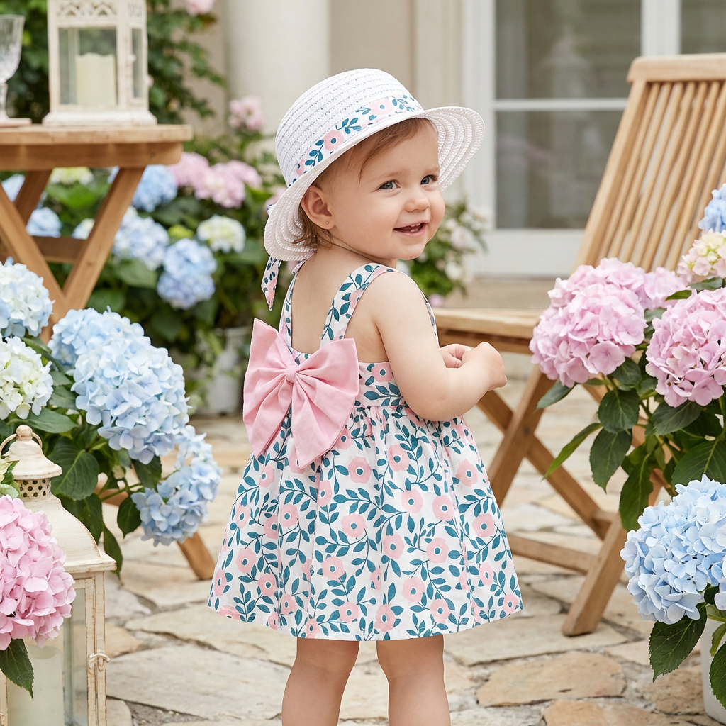 2in1 Koreanisches Trägerkleid für Mädchen mit Schleife im Blumen Design und Hut