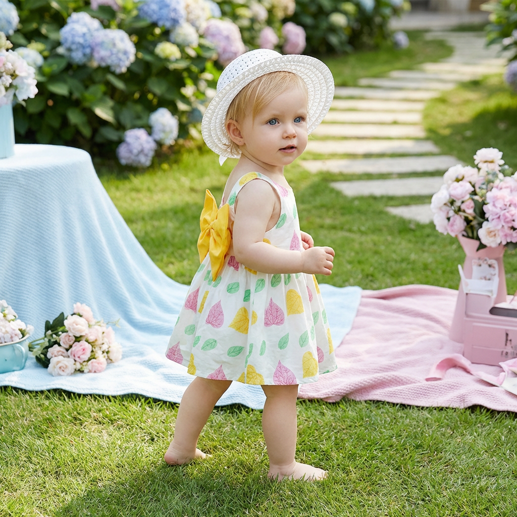 2in1 Koreanisches Trägerkleid für Mädchen mit Schleife im Blumen Design und Hut