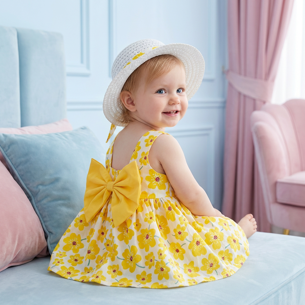 2in1 Koreanisches Trägerkleid für Mädchen mit Schleife im Blumen Design und Hut