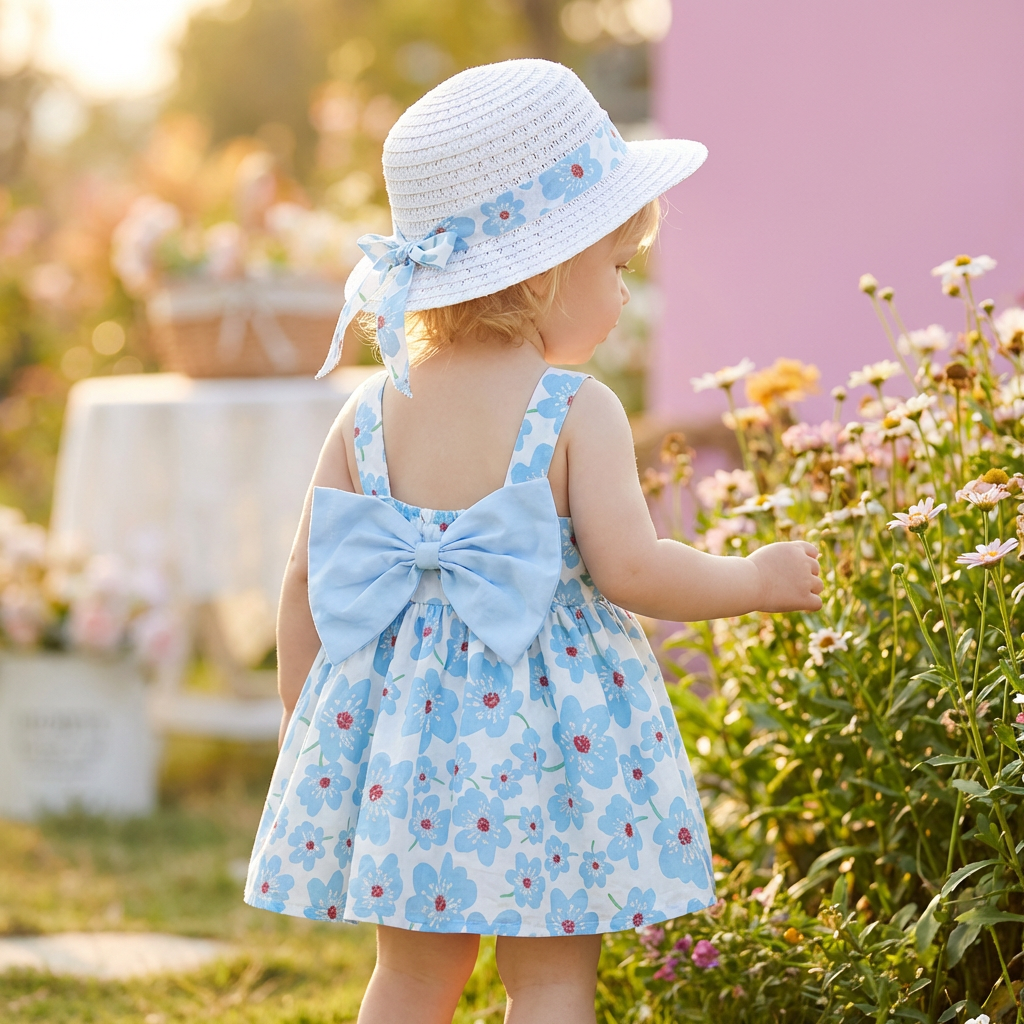 2in1 Koreanisches Trägerkleid für Mädchen mit Schleife im Blumen Design und Hut