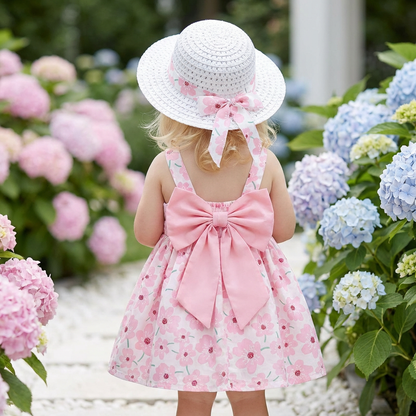 2in1 Koreanisches Trägerkleid für Mädchen mit Schleife im Blumen Design und Hut