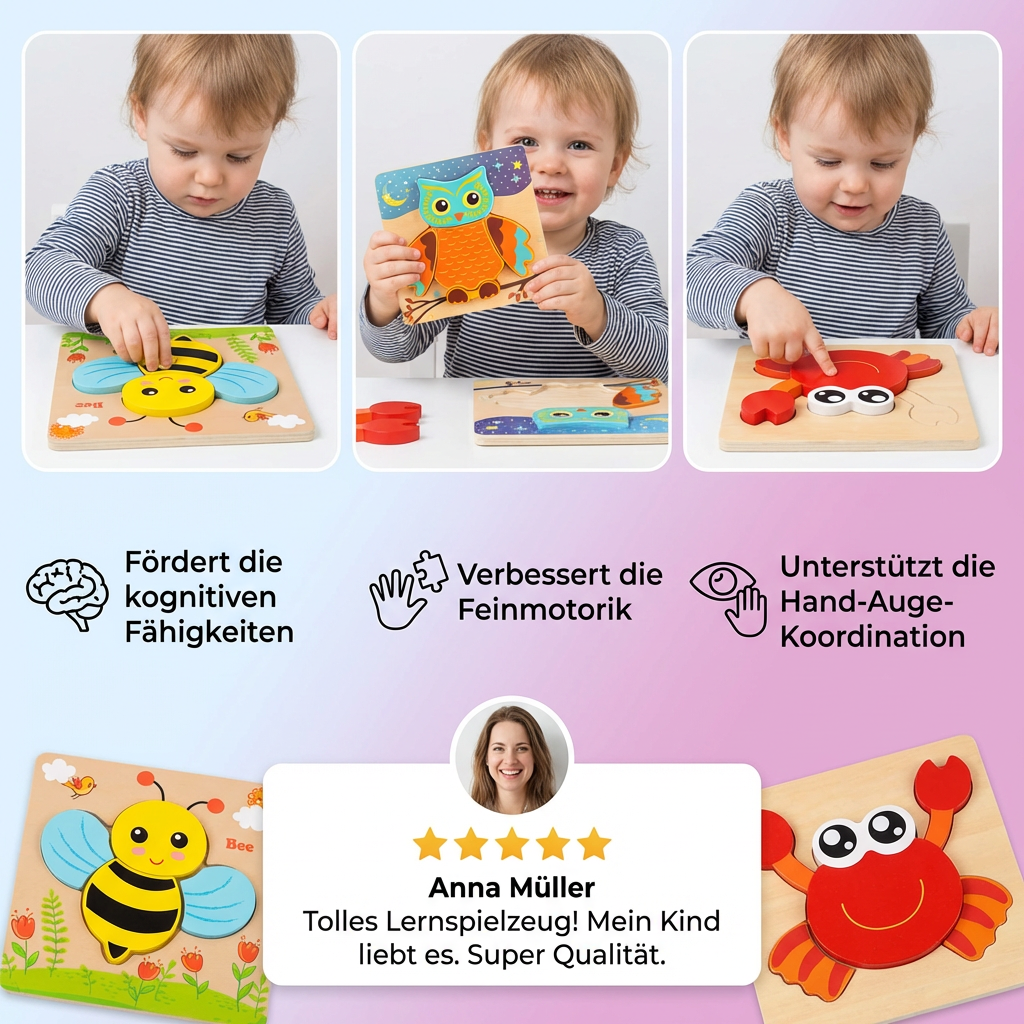 3D Holz Puzzle für Kinder – Lernspielzeug mit Tieren für Kleinkinder