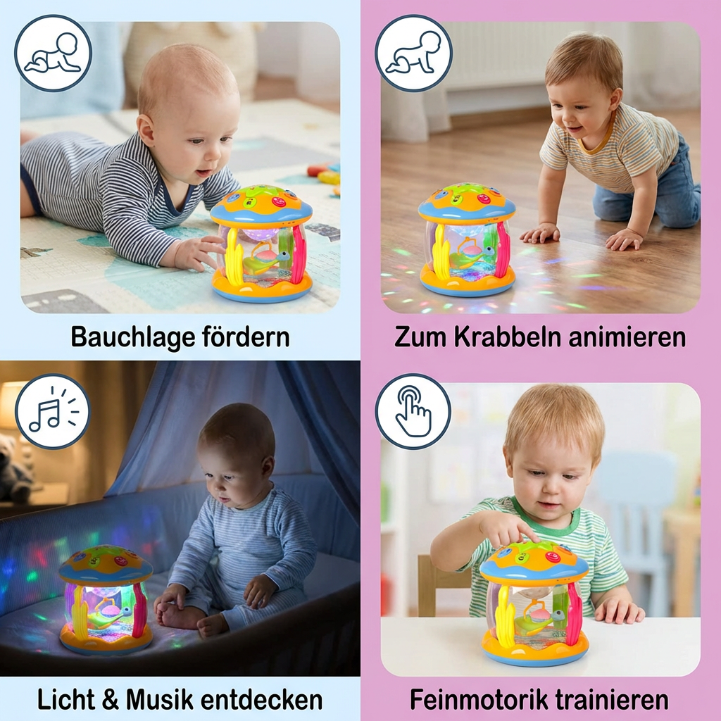 Ozean Babyspielzeug mit Licht & Musik – Drehendes Sensorikspielzeug für Bauchlage & Krabbeln