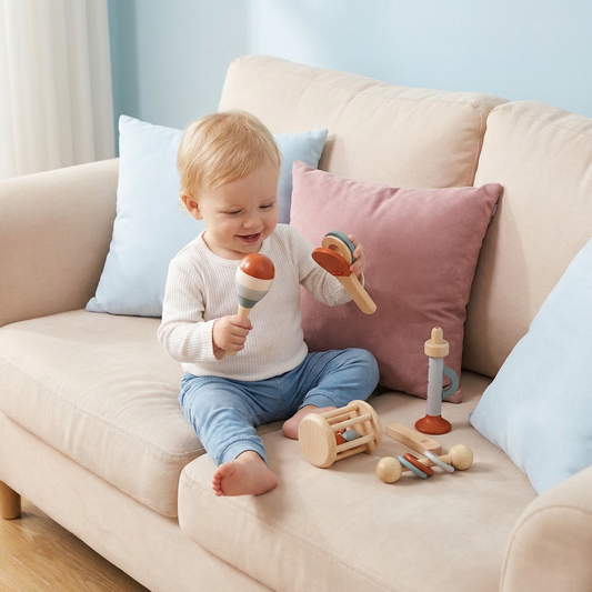 Montessori Holz-Musikinstrumente Set für Babys – 5-teiliges Sensorik & Rasselspielzeug