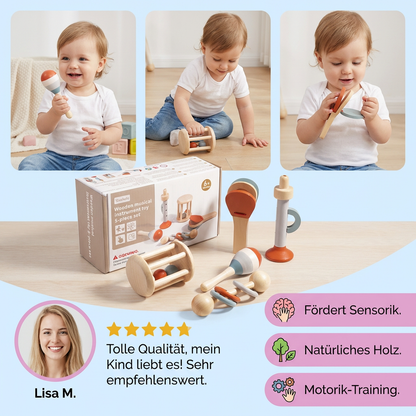 Montessori Holz-Musikinstrumente Set für Babys – 5-teiliges Sensorik & Rasselspielzeug