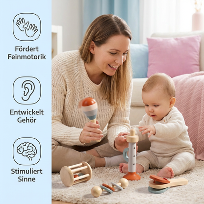 Montessori Holz-Musikinstrumente Set für Babys – 5-teiliges Sensorik & Rasselspielzeug