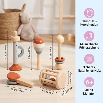 Montessori Holz-Musikinstrumente Set für Babys – 5-teiliges Sensorik & Rasselspielzeug
