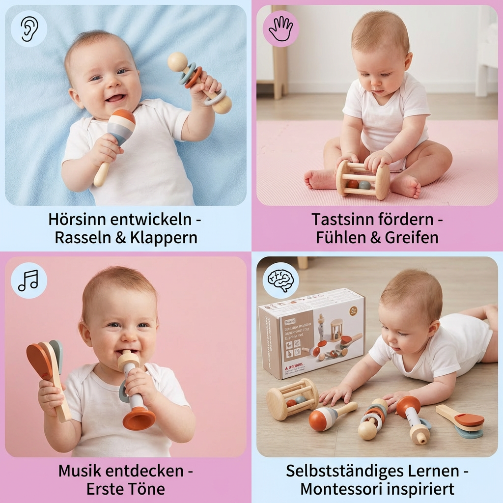 Montessori Holz-Musikinstrumente Set für Babys – 5-teiliges Sensorik & Rasselspielzeug