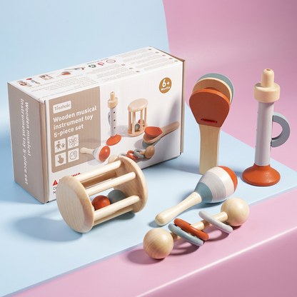 Montessori Holz-Musikinstrumente Set für Babys – 5-teiliges Sensorik & Rasselspielzeug