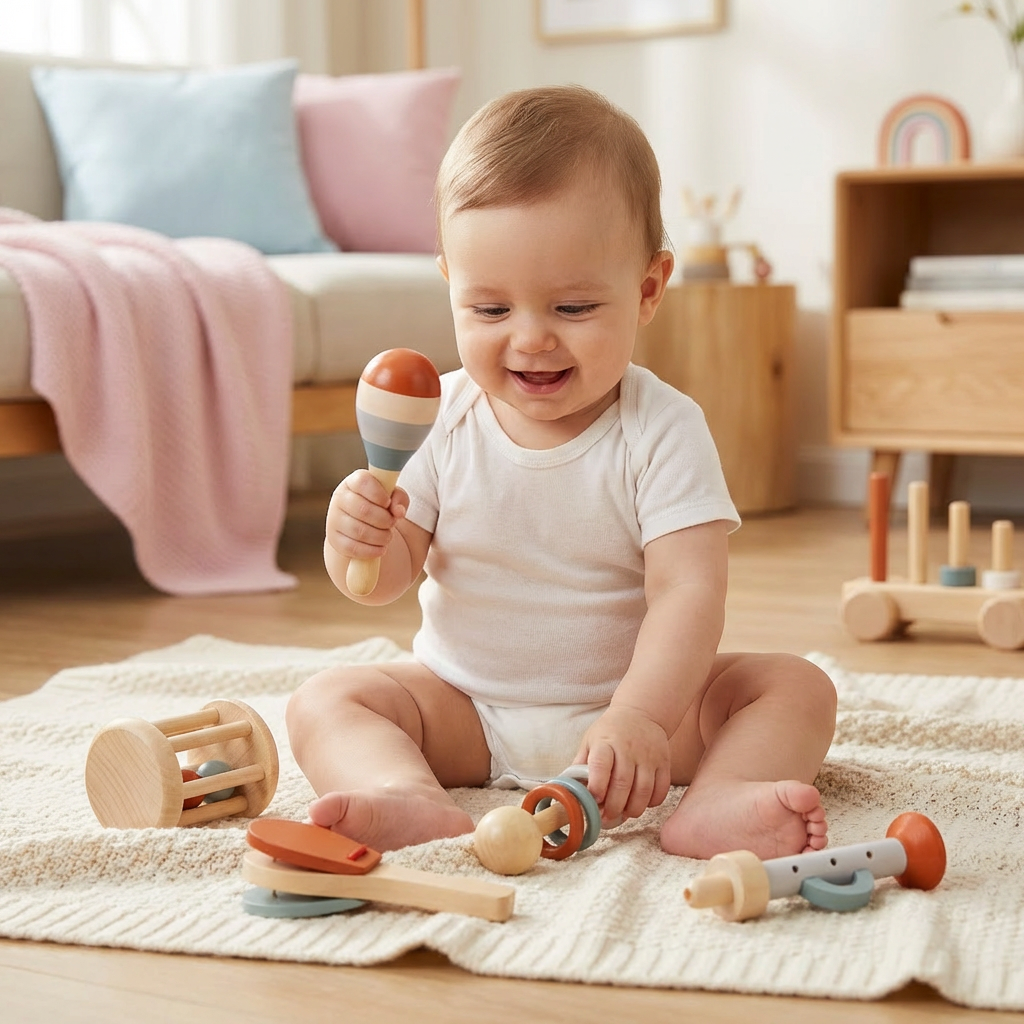 Montessori Holz-Musikinstrumente Set für Babys – 5-teiliges Sensorik & Rasselspielzeug
