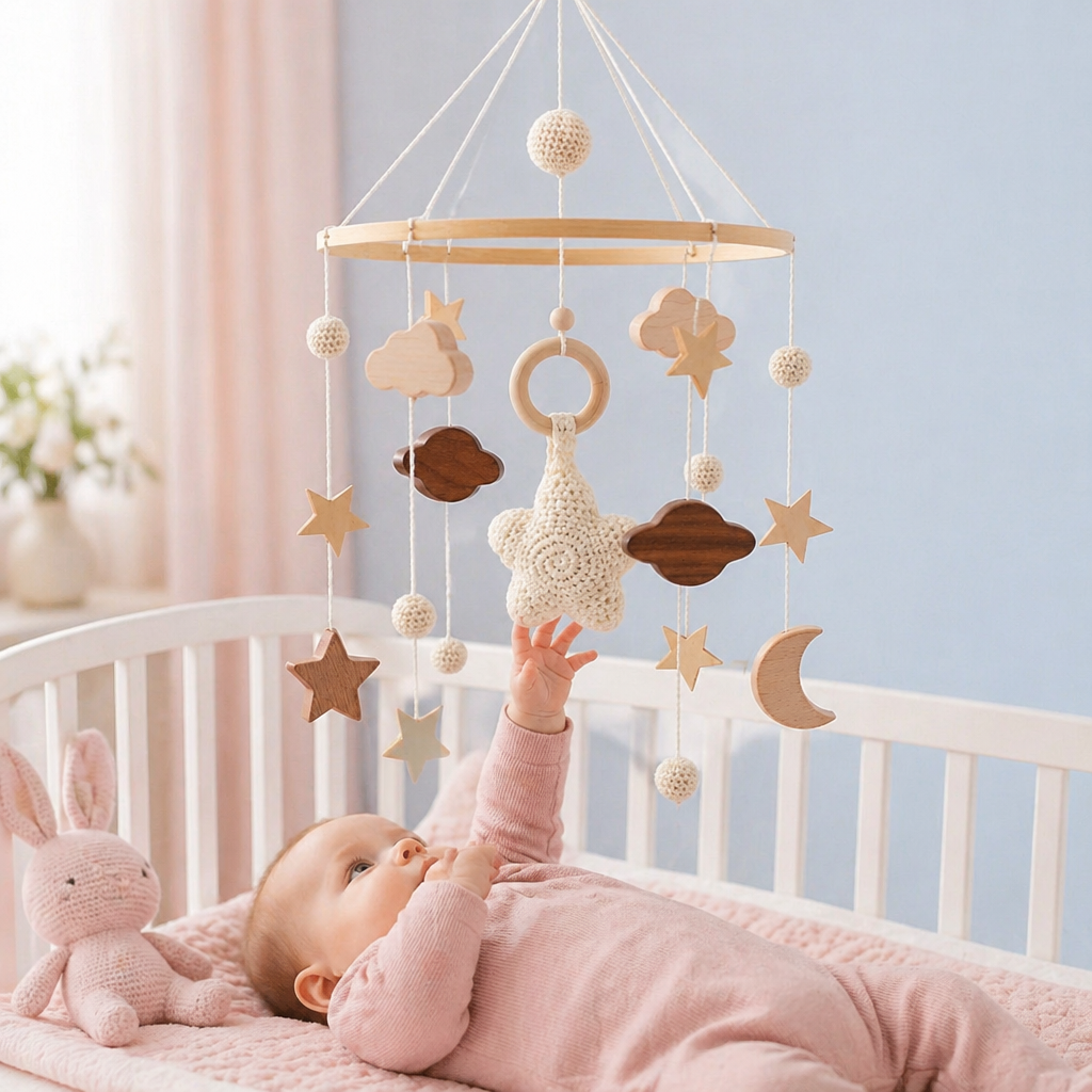 Handgemachtes Baby-Mobile aus Holz & gehäkelten Anhängern – Beruhigendes Bettspielzeug für Neugeborene