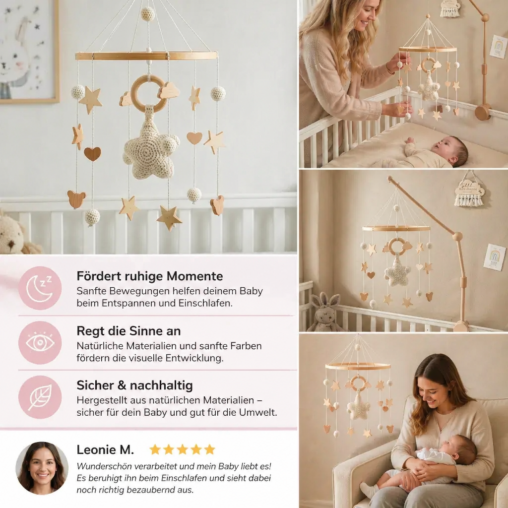 Handgemachtes Baby-Mobile aus Holz & gehäkelten Anhängern – Beruhigendes Bettspielzeug für Neugeborene