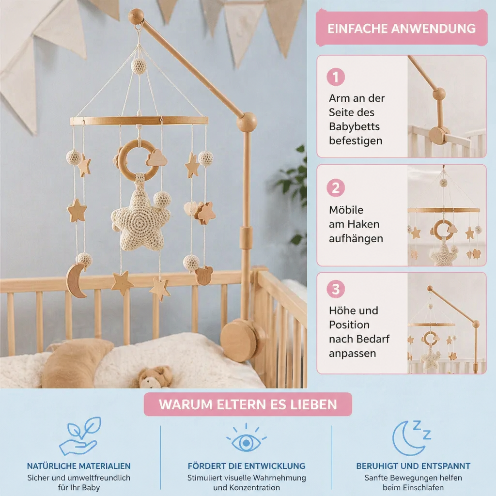 Handgemachtes Baby-Mobile aus Holz & gehäkelten Anhängern – Beruhigendes Bettspielzeug für Neugeborene