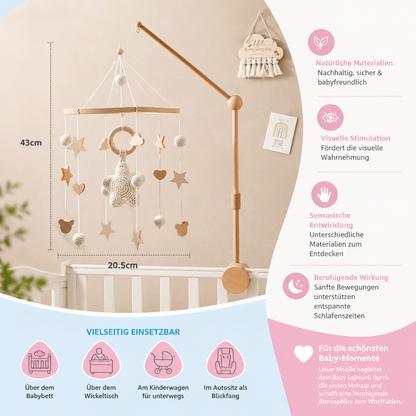 Handgemachtes Baby-Mobile aus Holz & gehäkelten Anhängern – Beruhigendes Bettspielzeug für Neugeborene