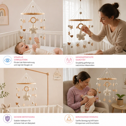 Handgemachtes Baby-Mobile aus Holz & gehäkelten Anhängern – Beruhigendes Bettspielzeug für Neugeborene