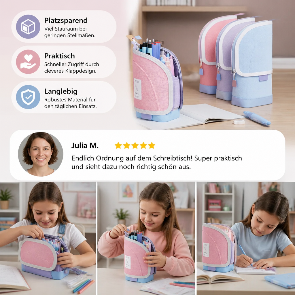 2-in-1 Pop-Up Federmäppchen mit Stiftehalter – Platzsparender Schreibtisch-Organizer