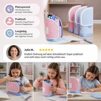 2-in-1 Pop-Up Federmäppchen mit Stiftehalter – Platzsparender Schreibtisch-Organizer