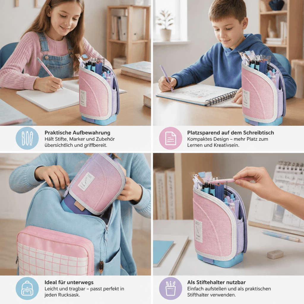 2-in-1 Pop-Up Federmäppchen mit Stiftehalter – Platzsparender Schreibtisch-Organizer