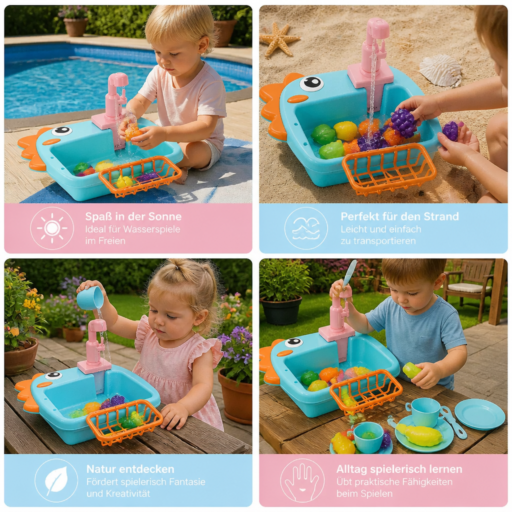 Kinder Rollenspiel Spülbecken Spielzeug mit Wasserhahn und Dino Design