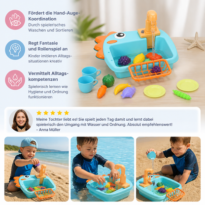 Kinder Rollenspiel Spülbecken Spielzeug mit Wasserhahn und Dino Design
