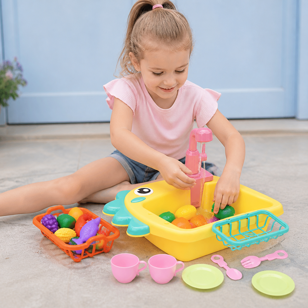 Kinder Rollenspiel Spülbecken Spielzeug mit Wasserhahn und Dino Design