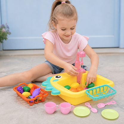 Kinder Rollenspiel Spülbecken Spielzeug mit Wasserhahn und Dino Design