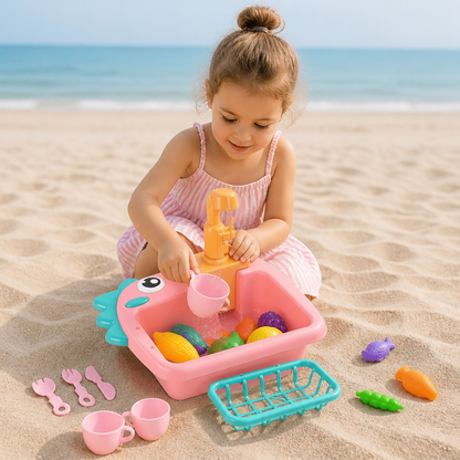 Kinder Rollenspiel Spülbecken Spielzeug mit Wasserhahn und Dino Design
