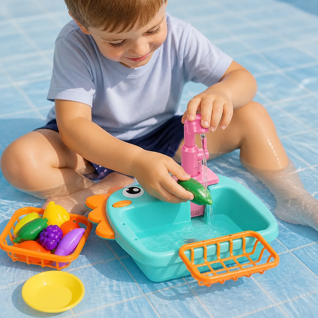 Kinder Rollenspiel Spülbecken Spielzeug mit Wasserhahn und Dino Design