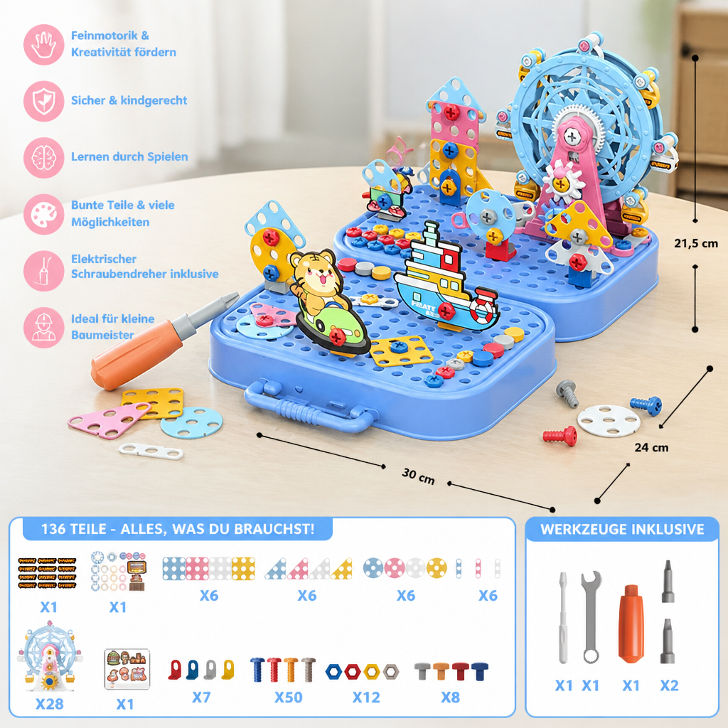 DIY-Werkzeugkasten für Kinder mit Bauplatte, Riesenrad und Bohrmaschine