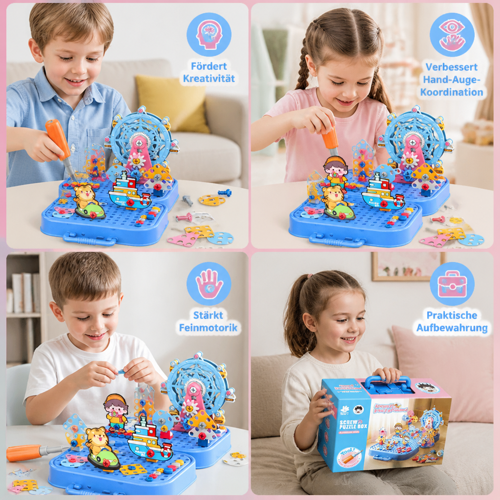 DIY-Werkzeugkasten für Kinder mit Bauplatte, Riesenrad und Bohrmaschine