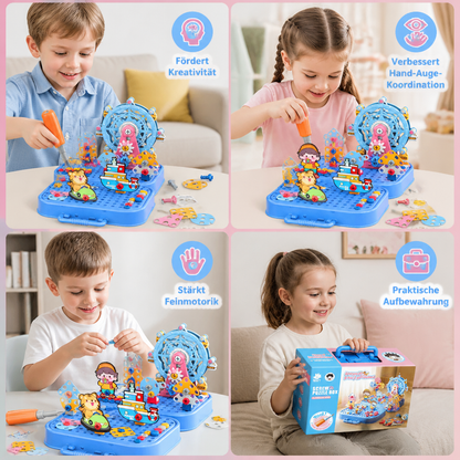 DIY-Werkzeugkasten für Kinder mit Bauplatte, Riesenrad und Bohrmaschine