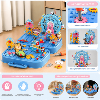 DIY-Werkzeugkasten für Kinder mit Bauplatte, Riesenrad und Bohrmaschine